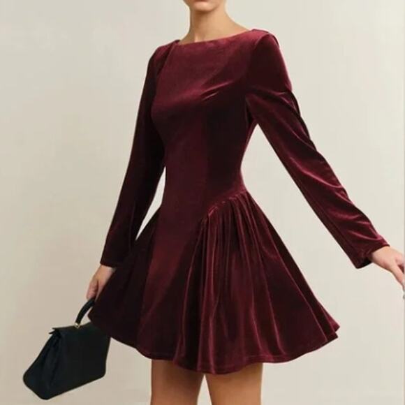 Commense Tunic Mini Dress Womens Size Medium Pleated Panel Velvet Burgandy - Picture 2 of 11